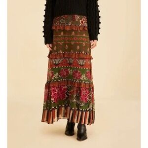 FARM Rio Ainika Tiered Maxi Skirt Floral Print Colorful Bohemian‎ XXS